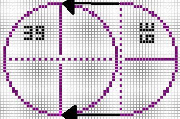 a cross stitch pattern with the shape of a ball and two arrows pointing to each other