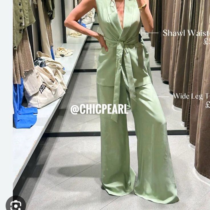 Zara Wide Leg Pants Green High-Waisted Pants Made Of Viscose Blend Fabric. Wide Leg. Hidden In-Seam Zip Closure. Outer Shell 61% Viscose 39% Modal Green Wide Leg Pants For Night Out In Summer, Chic High Waist Jumpsuits And Rompers, Summer Wide-leg Pantsuit For Party, Green Wide Leg Pants For Night Out In Spring, Chic Summer Pantsuit For Day Out, Green Wide Leg Jumpsuits And Rompers For Spring, Green Wide-leg Jumpsuits And Rompers For Spring, Chic High-waisted Jumpsuits And Rompers For Spring, Chic High-waisted Jumpsuits For Spring