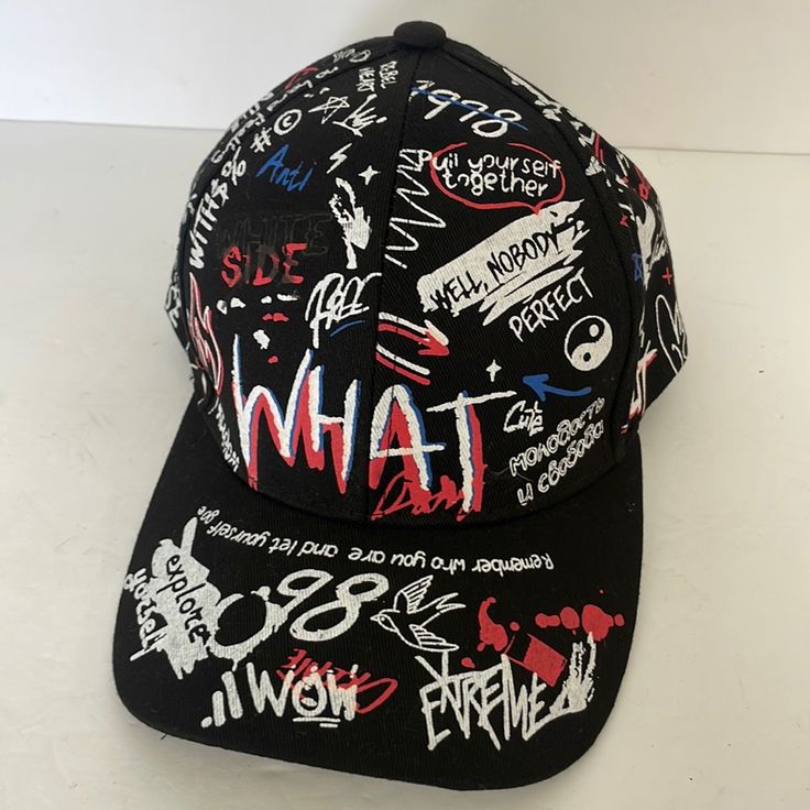 Graffiti Black Cap Nwot Adjustable Smoke Free Home Fast Shipping Casual Adjustable Snapback Hat With Graphic Print, Casual Adjustable Graphic Print Snapback Hat, Casual Baseball Cap With Graphic Print And Flat Brim, Casual Baseball Cap With Graphic Print, Casual Flat Brim Baseball Cap With Graphic Print, Black Graphic Print Snapback Hat For Streetwear, Black Snapback Hat With Graphic Print For Streetwear, Urban Black Snapback Hat With Letter Print, Trendy Snapback Hat With Graphic Print