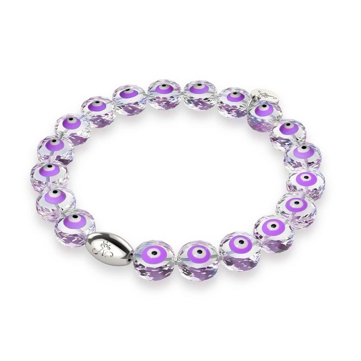 This Purple Crystal Evil Eye Bracelet is handcrafted with crystal evil eye beads and strung on a clear elastic cord. The bracelet features a matching 18k white gold finished .925 sterling silver logo charm. With its stretchable clear elastic cord, the bracelet fits most sizes. The beads are made of purple crystal and the base is made of .925 sterling silver. This bracelet is a unisex accessory, perfect for adding a touch of mystique to any outfit. Gift Sterling Silver Bracelets With Polished Beads, Sterling Silver Rondelle Jewelry As A Gift, Round Beaded Bracelets With Sterling Silver Clasp As Gift, Hand-strung Sterling Silver Jewelry As Gift, White Gold Polished Beads Bracelet Gift, White Gold Bracelet With Polished Beads For Gift, Silver Beaded Bracelets In Fine Jewelry Style, Gift Beaded Bracelets With Sterling Silver Clasp, Gift Round Beaded Bracelet With Sterling Silver Clasp