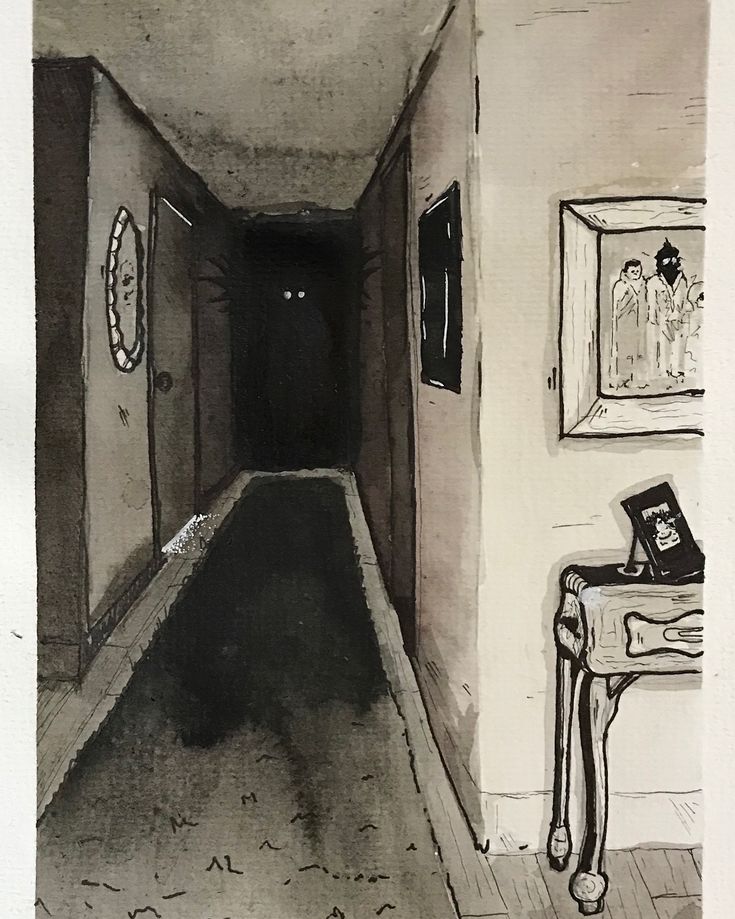 a black and white drawing of a hallway with a door leading to another room on the other side