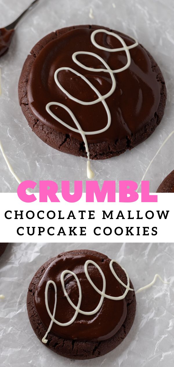 two chocolate cookies with white icing on top and the words crumbl above them