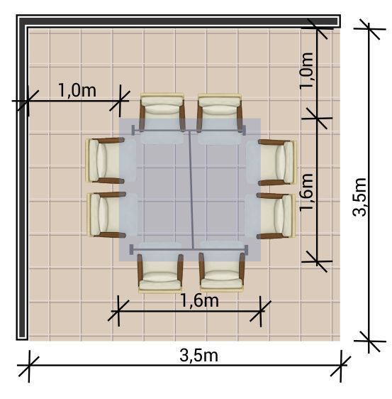 the floor plan for a living room with two couches and a dining table in it