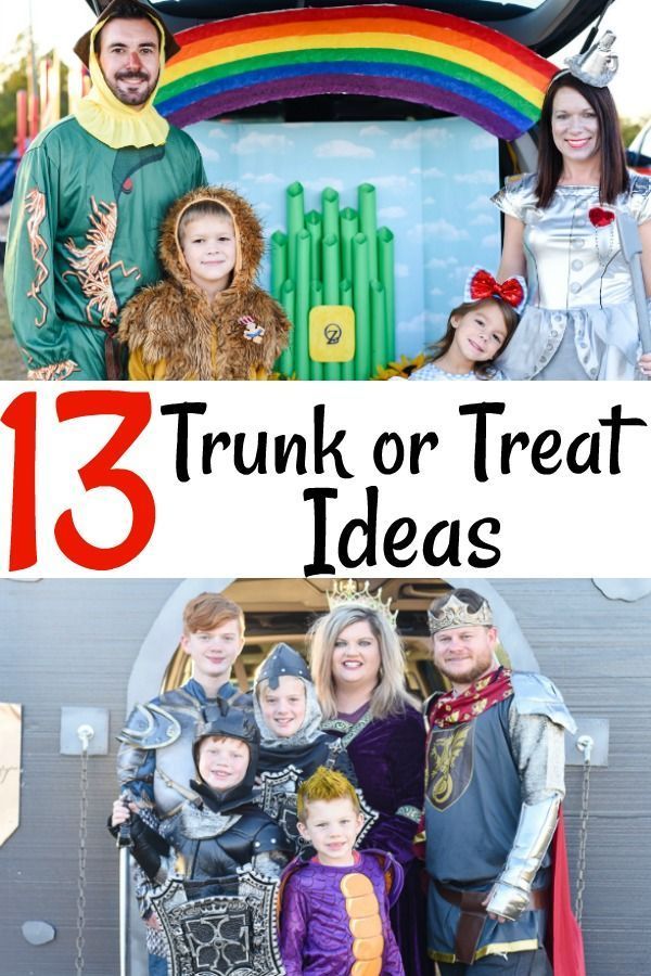 some people are dressed up in costumes and posing for the camera with text overlay that reads 13 trunk or treat ideas