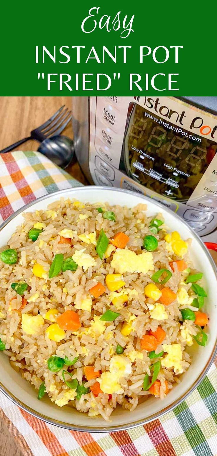 an easy instant pot fried rice recipe in a white bowl on a checkered table cloth