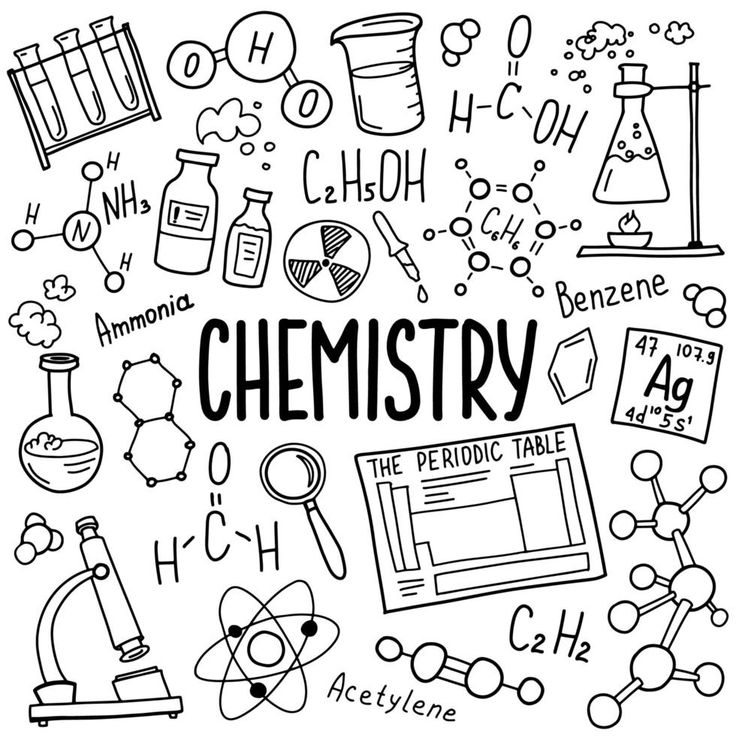 the word chemistry surrounded by doodles of science related items