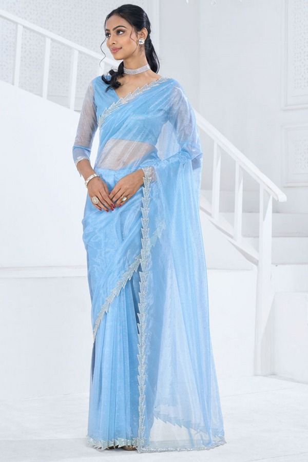 Sky Blue Organza Party Wear Saree Light Blue Saree, Organza Saree With Blouse, Shimmer Saree, Khatli Work, Lehenga Crop Top, Stitched Saree, Powder Blue Color, Lehenga Choli Wedding, Floral Lehenga