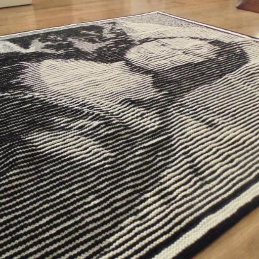 a black and white area rug with an image of a man's face on it