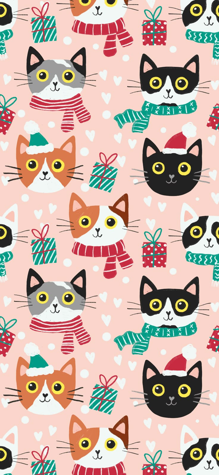 many cats wearing hats and scarves on a pink background