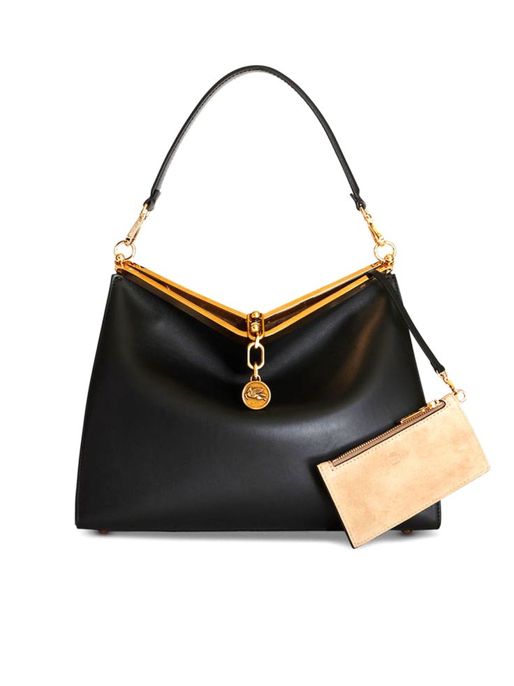 Black calf leather large Vela shoulder bag, smooth grain, signature Pegaso medallion, logo-engraved gold-tone hardware, logo-debossed strap, ball-chain fastening, single detachable top handle, detachable shoulder strap, main compartment, detachable coin purse, suede lining, metal feet, 34 x 26 x 14 cm Composition: Calf Leather, 100% | Etro Women's Black Large Vela Shoulder Bag | SS24 Hardware Logo, Large Shoulder Bags, Suitcases, Ball Chain, Gold Tone Metal, Leather Handle, Zipper Pouch, Purse Wallet, Top Handle