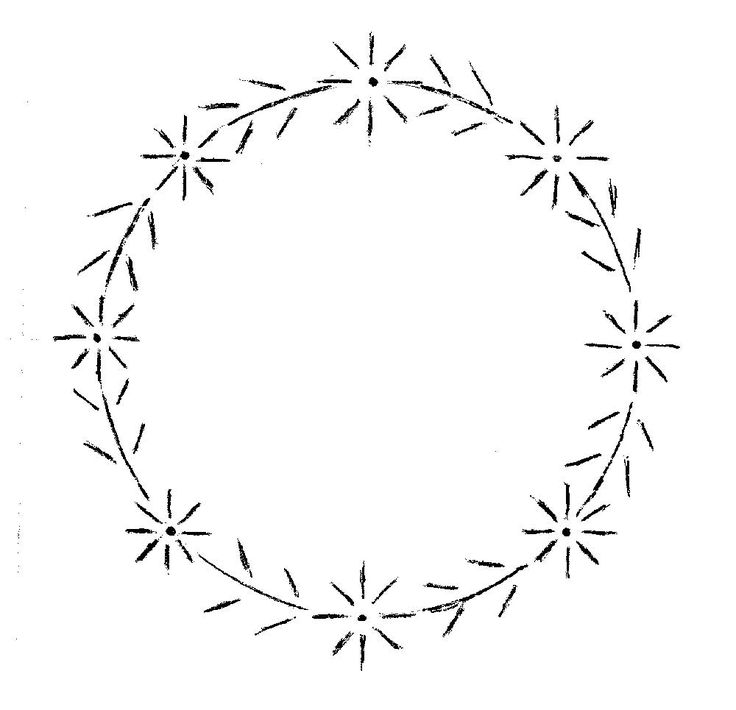 a black and white drawing of a circle with small stars in the middle, on a white background