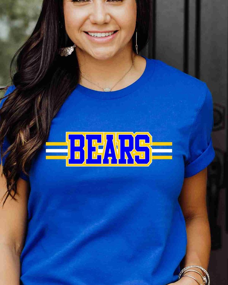 a woman wearing a blue tshirt with the word bears on it