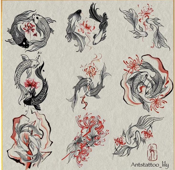 an artistic tattoo design with flowers and fish