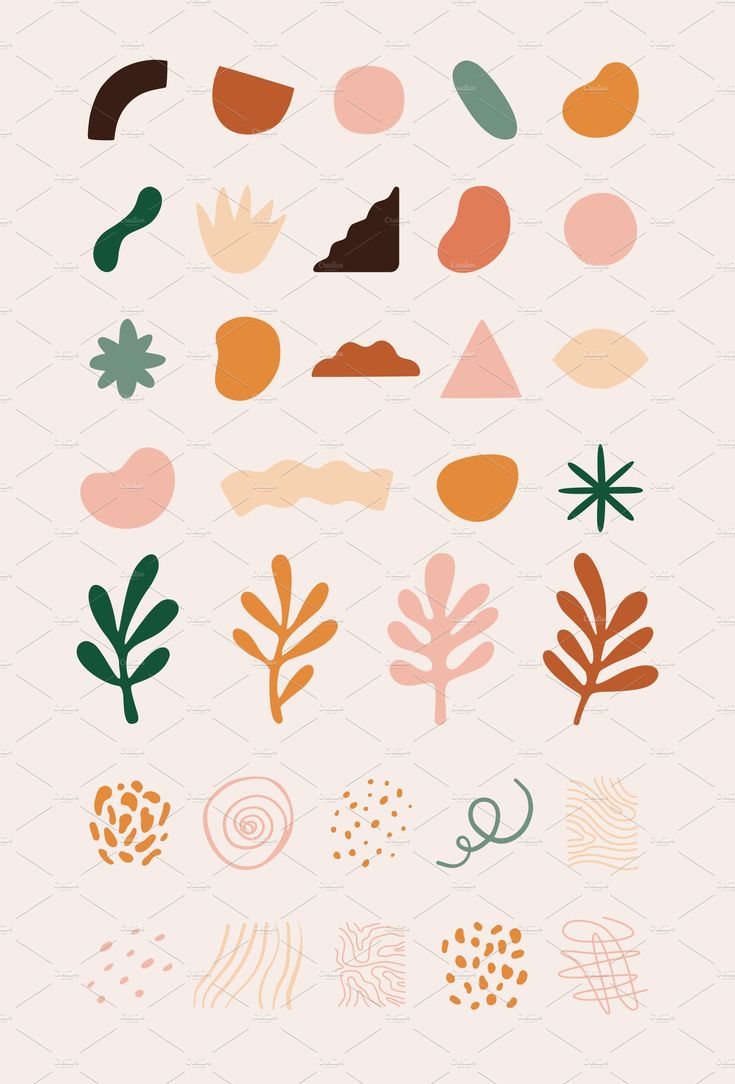 various shapes and sizes of plants are shown in this graphic design set, with different colors