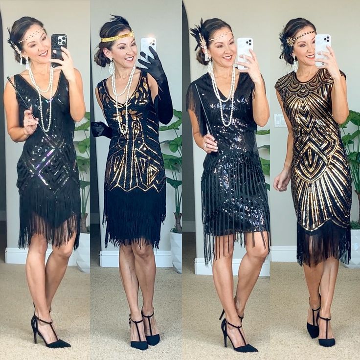 black fringe flapper dresses, black and gold dresses, fringe and sequin dresses 1920s Party Outfit, Gatsby Party Outfit Women, 20s Party Outfit, Great Gatsby Outfit, Gatsby Party Outfit, Gatsby Outfit, Gatsby Party Dress, Roaring 20s Fashion, Gatsby Costume