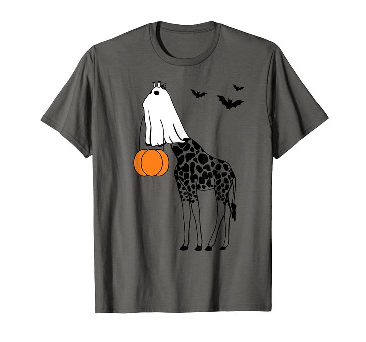 a giraffe wearing a ghost costume and holding an orange pumpkin t - shirt