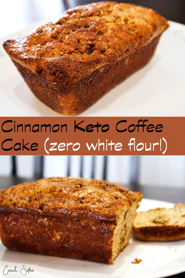 cinnamon keto coffee cake zero white flour on a plate with two slices cut out