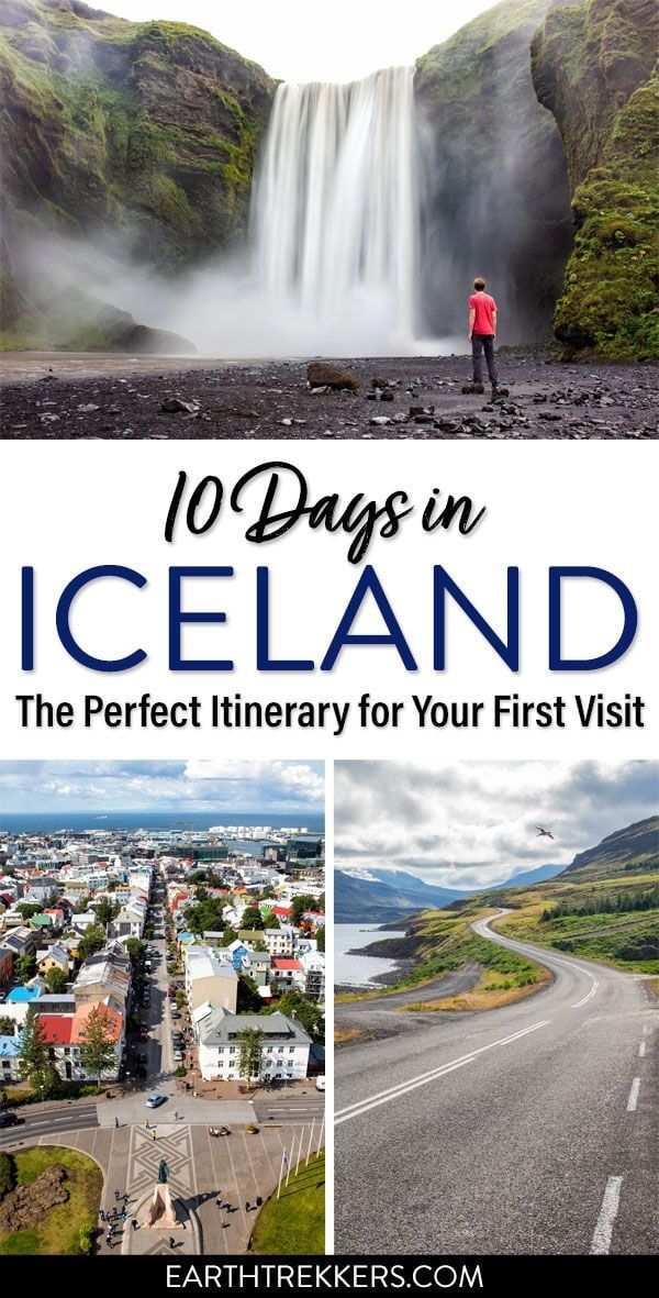 iceland with the words 10 days in iceland on it and an image of a waterfall