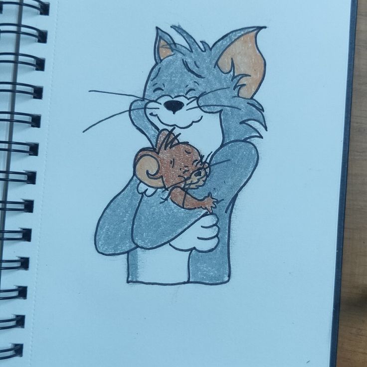 a drawing of a cat holding a teddy bear