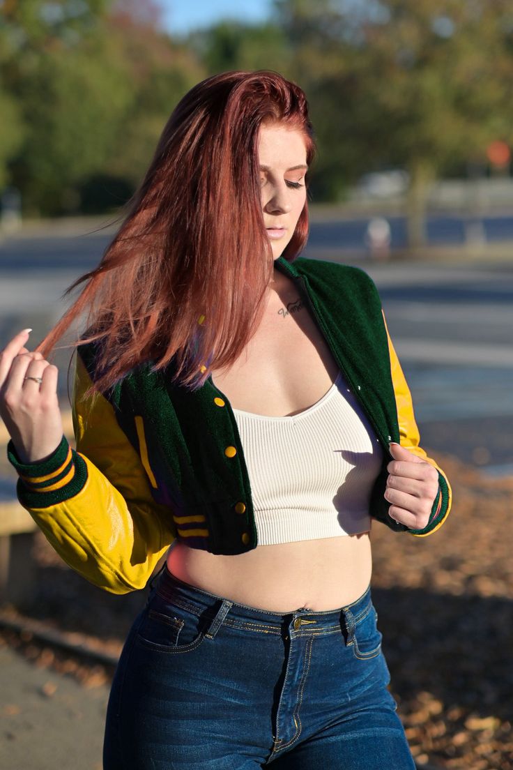 Women Crop top Classic Style Dark Green Wool Gold Genuine Leather Sleeves Varsity Letterman Baseball Jacket Introducing the Custom Letterman Women's Classic Varsity Jacket - a perfect blend of style and comfort with its black wool and green genuine leather sleeves. Perfect for any occasion, this jacket exudes timeless charm and sophistication. Expertly crafted with quality materials, it's a must-have for any fashion-forward individual. If your required Size & Color Combination is not listed then Green College Style Outerwear For Fall, Green Hooded Varsity Jacket For College, Unique Letterman Jackets, Luxury Green Varsity Jacket For College, Green Fitted Varsity Outerwear, Fitted Green Varsity Outerwear, Green Letterman Jacket, Red And Black Letterman Jackets, Vintage Jackets Women