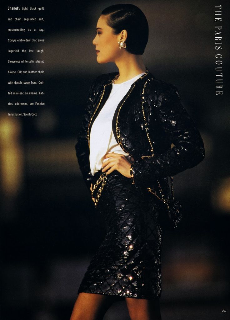 1988 British Vogue Editorial Chanel Karl Lagerfeld Fendi, Tatjana Patitz, Vogue Editorial, Karen Elson, Chanel Boutique, Chanel Haute Couture, Chanel Fashion, Chanel Black, Coco Chanel