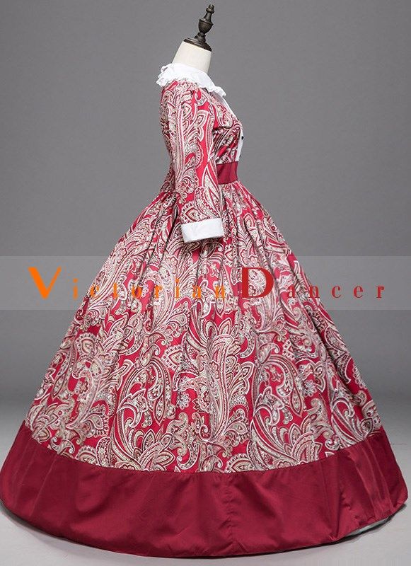 Victorian Renaissance Red Floral Cival War Southern Belle Dress   Condition: Brand New  Color: amp;nbsp; As Picture  Material: Cotton And Stain  Silhouette: Ball Gown  Sleeve Length: Long Sleeve  Dresses Length:Floor-Length  Neckline: Turn-Down Collar  Decoration: Bow  Style: Vintage  Includes: Dress    amp;nbsp;    amp;nbsp; Red Victorian Dress With Historical Design For Costume Party, Red Regency Costume Dresses, Regency Style Red Dress For Costume Party, Red Historical Costume Party Dress, Regency Style Red Costume Dress, Historical Victorian Ball Gown For Costume Party, Red Regency Style Victorian Costume Dress, Red Historical Design Dress For Costume Party, Red Victorian Dress With Historical Design