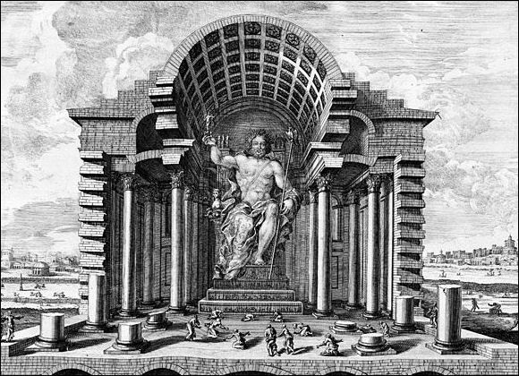 an old drawing of a statue surrounded by columns and pillars with people walking around it