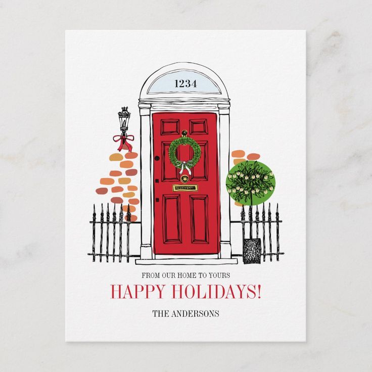 a holiday card with an illustration of a red door