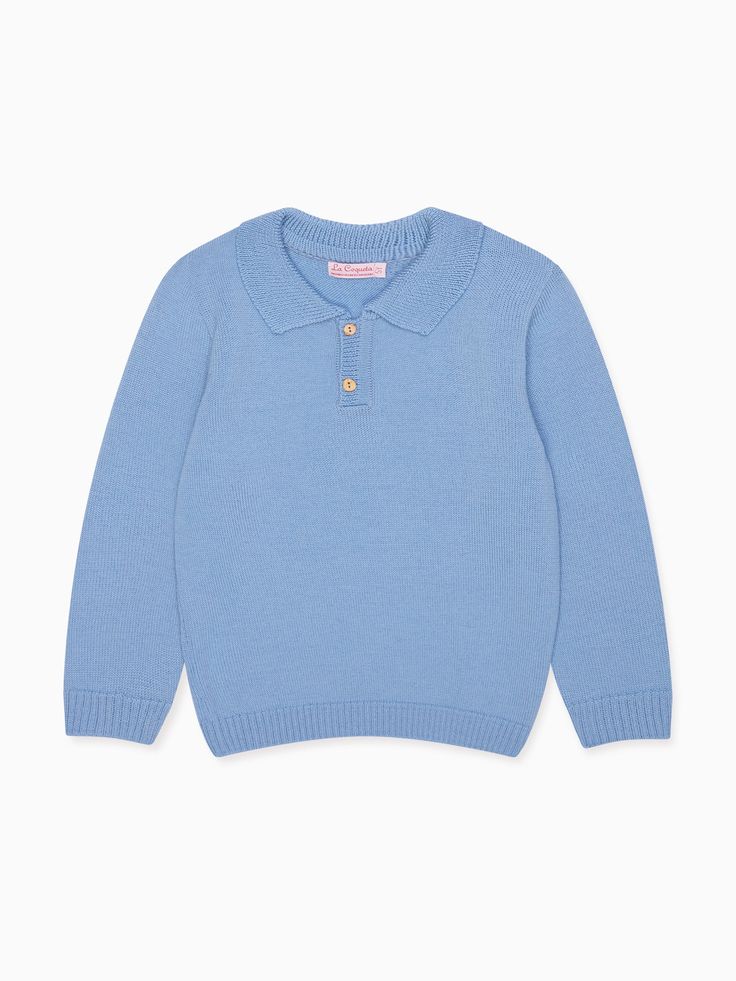 La Coqueta's Brio Merino Boy Jumper strikes the balance between effortless sophistication and versatility, drawing inspiration from classic polo shirts for a collegiate, preppy feel. It is knitted in Spain from pure Merino wool for the most luxuriously soft handle, rendered in a classic shade of light blue that is simultaneously school-friendly and sufficiently elevated for weekend wear. It features a timeless, relaxed design finished with a knitted collar, ribbed hems and cuffs, a handcrafted w Boy Jumper, Shades Of Light Blue, Girls Floral Dress, Boys Knits, Effortless Outfit, Body Suit Outfits, Cotton Jumper, Boys Sweaters, Clothes Crafts