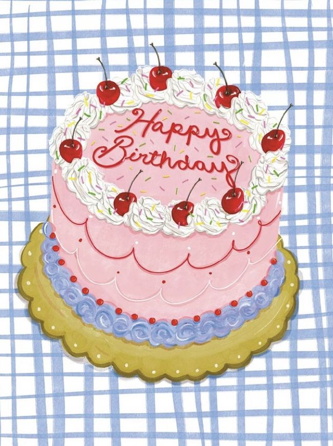 a pink birthday cake with cherries on top