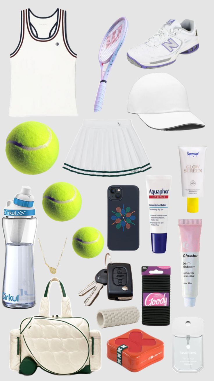 an assortment of items that include tennis rackets, water bottles, and sports gear