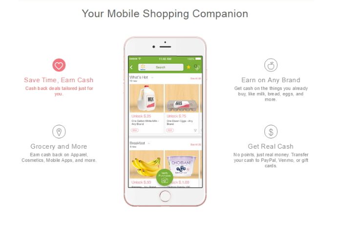 the mobile shopping app is displayed on an iphone's screen, with information about how to use it