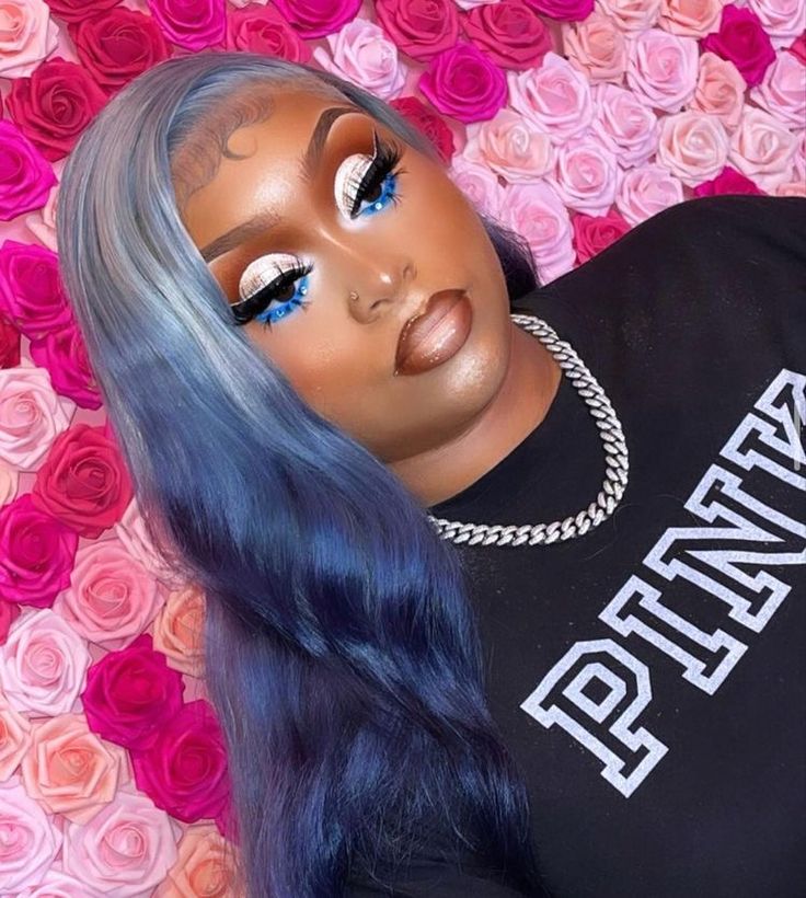 Blue Glitter Makeup Looks, Baby Blue Makeup Looks Black Women, Gender Reveal Makeup Ideas Black Women, Blue Birthday Makeup, Light Blue Makeup Looks Black Women, Royal Blue Makeup Looks Black Women, Blue Makeup Looks Black Women, Blue Prom Makeup Looks, Baby Shower Makeup Ideas