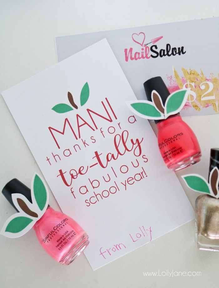 three nail polish bottles next to a sign and greeting card with the words mani thanks for two totally fabulous school year