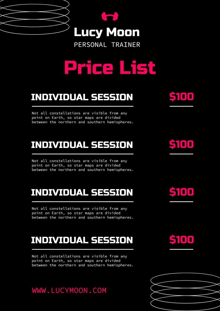 the price list for lucky moon personal trainer