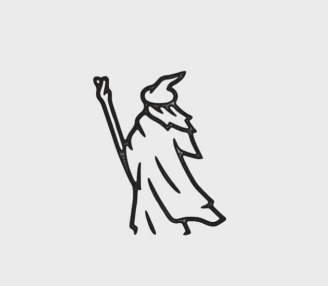 a black and white drawing of a wizard with a staff in his hand, on a gray background