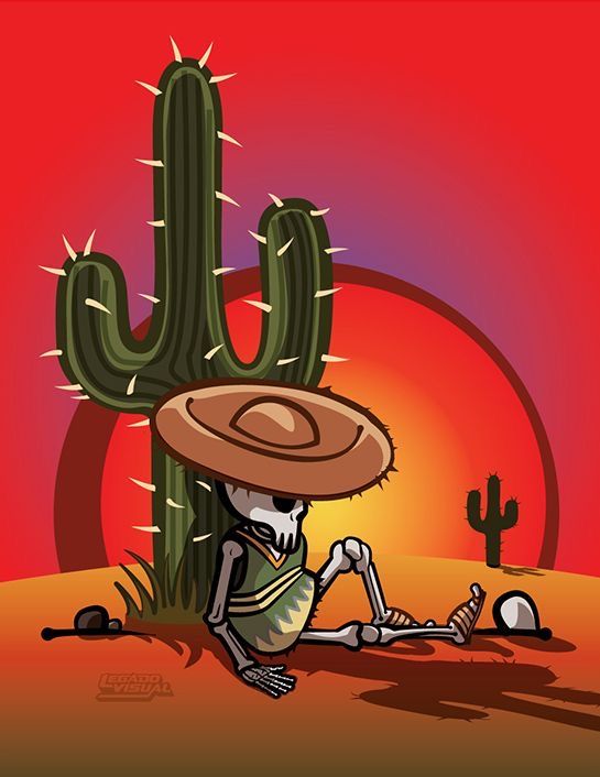 a skeleton sitting in front of a cactus with a hat on it's head