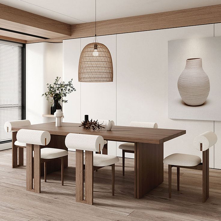 a dining room table with white chairs and a vase on the wall next to it