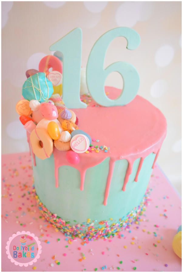 a birthday cake decorated with colorful candies and sprinkles