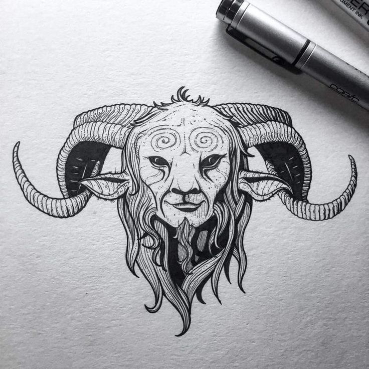 a drawing of a horned animal with long horns on it's head and eyes