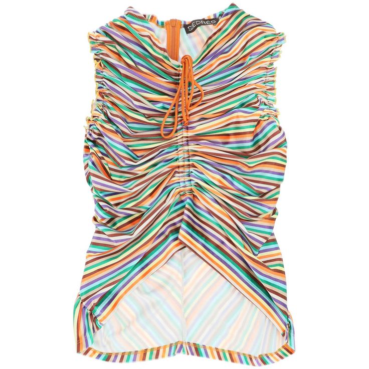 Sleeveless Fitted Top By Siedres In Stretch Velvety Jersey With Multicolored Striped Pattern, Gathered With Drawstring On The Front. Finished With V-Neckline And Frilled Armholes. The Model Is 177 Cm Tall And Wears A Size Eu 36.Material: 95% Pl 5% EaMade In: TurkeyColor: MulticolorCollection: Spring - Summer 2023Wrs23tp14mc Multicolor Ruched Sleeveless Top, Latest Fashion Design, Tory Burch Miller, Fitted Top, How To Make Handbags, Unique Designers, The Model, Spring Season, Top Sales