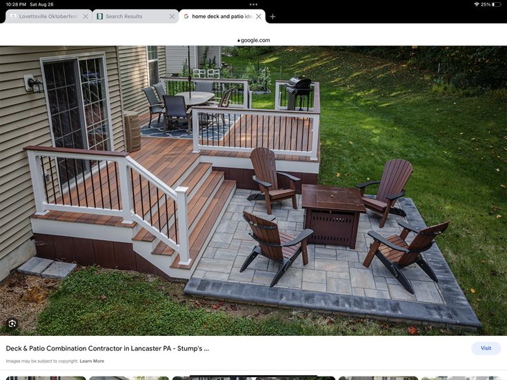 a screen shot of a deck with chairs and table on it in front of a house