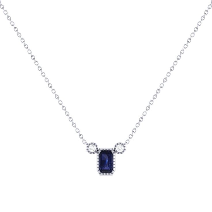 Our Emerald Cut Sapphire & Diamond Birthstone Necklace gives your style a refreshing edge. Crafted in 14K Gold  for the refined modern woman. Birthstone Necklace for Women Metal: 14K Gold (White / Yellow) Gem Type: Emerald Cut Sapphire Gemstone (0.39 CTTW) Diamonds: Natural Round Shape (0.04 CTTW) Diamond Color/Clarity: GH/SI1 Setting: Bezel with Milgrain Chain: 18 inch with jump rings at 16 & 17 inches. Elegant Sterling Silver Necklace With Stones, Elegant Sterling Silver Necklaces With Stones, Elegant Formal Birthstone Necklace With 17 Jewels, Timeless Sterling Silver Diamond Necklace With Gemstone, Elegant Sapphire Jewelry With Gemstone Accents, Luxury Sapphire Necklace With Gemstone Accents, Elegant Sapphire Jewelry With Bezel Setting, Elegant Polished Birthstone Necklace, Fine Jewelry Sapphire Necklace With Polished Finish