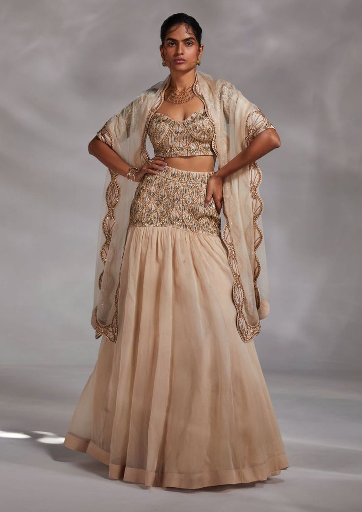 Divya Aggarwal-Hayden Beige Embellished Lehenga Set-INDIASPOPUP.COM Divya Aggarwal, Solid Lehenga, Tiered Lehenga, Embroidery Borders, Hand Embellishment, Blouse Yoke, Beige Blouse, Blouse Silk, Lehenga Blouse