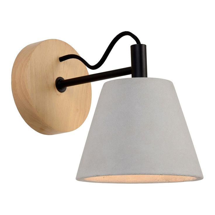 a white and black wall light with a wooden shade on the back of it's arm