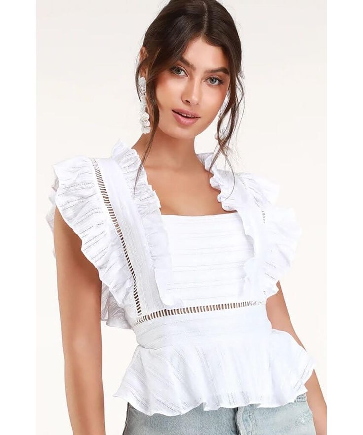 The Ruffle Sleeveless Blouse gives a romantic vibe with it's feminine details. Features a back zipper, fitted bodice, and short ruffle sleeves. 100% Cotton Machine wash cold Zipper back detail Approx. 15" chest, 20" shoulder to hem (size small) Model is 5'10" and wearing a size small Ruffle Collar Top, Cute White Tops, Gingham Blouse, Cheap Womens Fashion, Twist Front Top, Cap Sleeves Blouse, Eyelet Top, Square Neck Top, White Eyelet