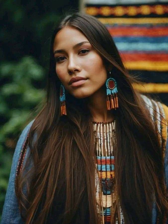 a woman with long brown hair wearing native style necklaces and earrings on her head