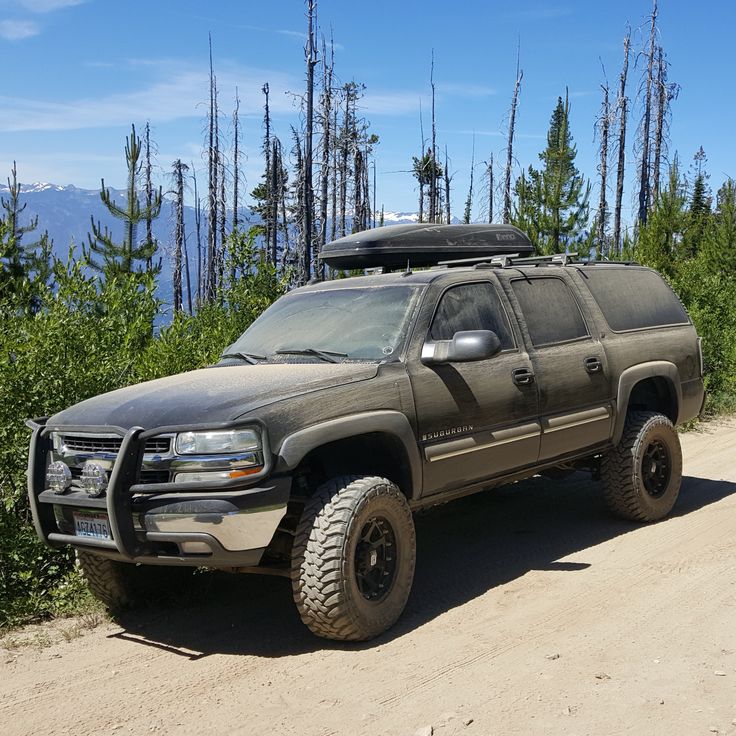 a truck parked on the side of a dirt road next to some trees and bushes