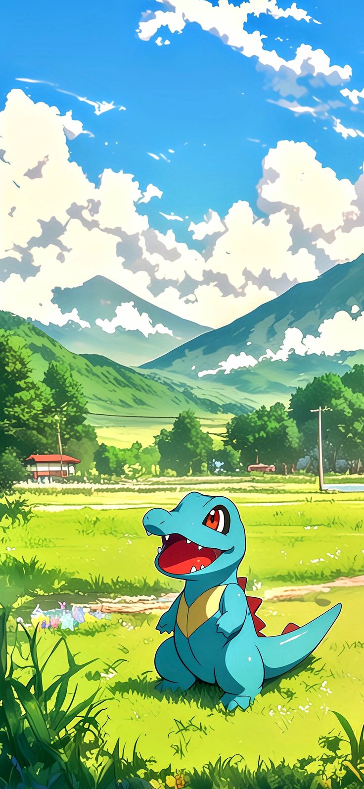 a blue dinosaur sitting on top of a lush green field next to a forest and mountains