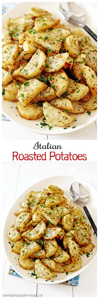 garlic parmesan potatoes on a white plate with the words italian roasted garlic parmesan potatoes